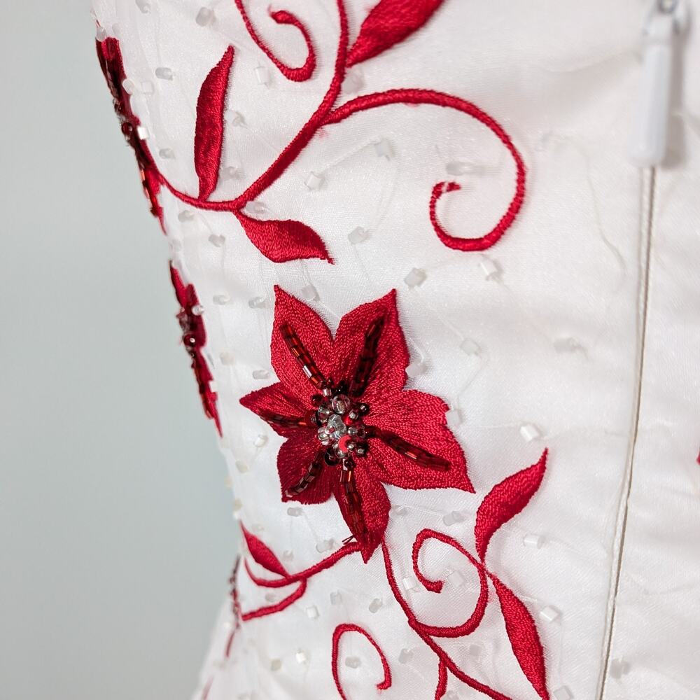 Vintage Cache Prom Dress Maxi Gown 10 White Red Floral Y2K Wedding Bride Glam - Picture 8 of 16